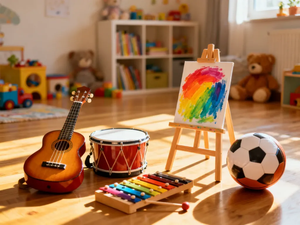 Kolorowe instrumenty, sztaluga i piłka symbolizujące różnorodne zajęcia pozalekcyjne dla dzieci w przytulnym pokoju.