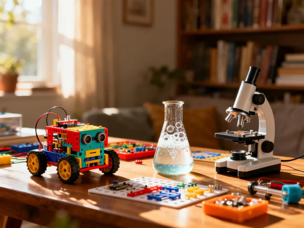 Drewniany stół z zestawami edukacyjnymi STEM, mikroskopem i robotem w przytulnym wnętrzu domowej biblioteki.