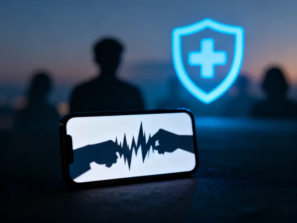 Świecący smartfon z cyfrowymi cieniami symbolizujący cyberprzemoc oraz tarcza reprezentująca ochronę w sieci.