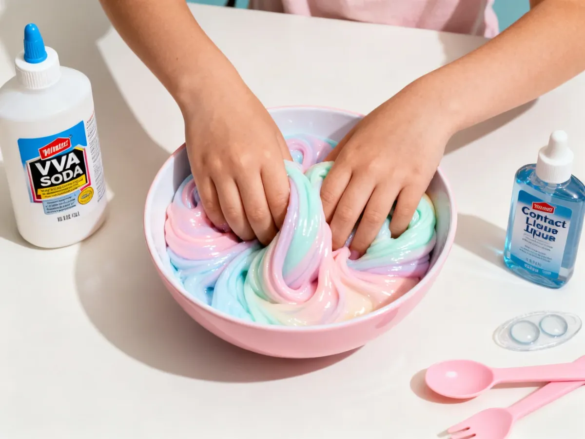 Dziecko ugniata pastelowy slime przygotowany z kleju PVA