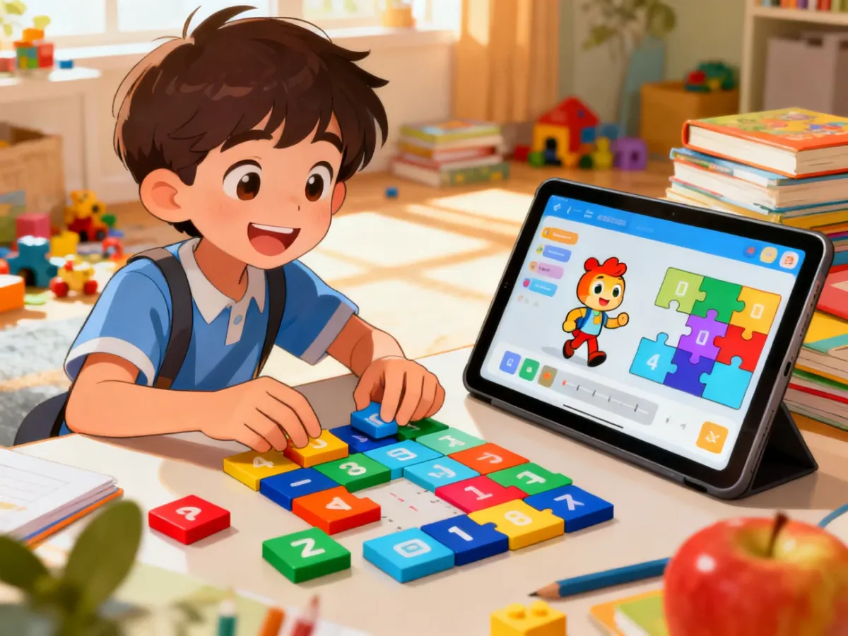Dziecko układające kolorowe bloki programistyczne na tablecie