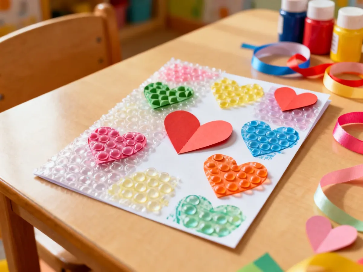 Kolorowa laurka przedszkolaka z serduszkami ze stempelków i papierowymi ozdobami 3D