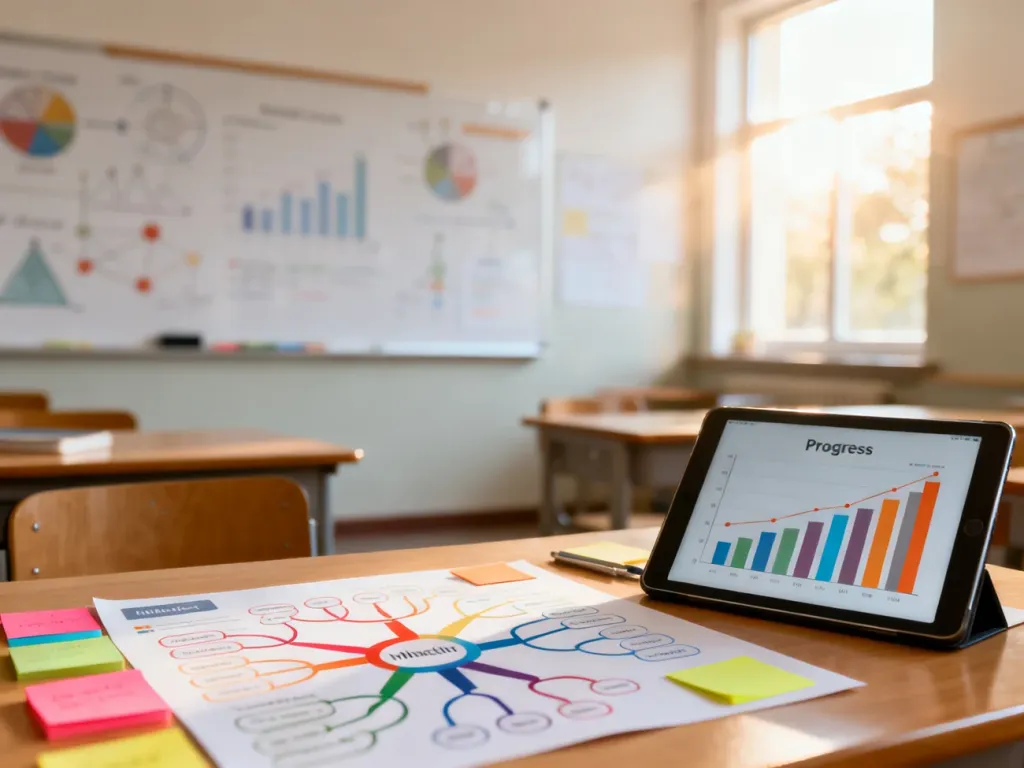 Nowoczesne stanowisko pracy z mapą myśli i tabletem, ilustrujące proces planowania projektu edukacyjnego w szkole.