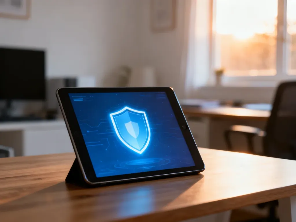 Tablet z ikoną tarczy ochronnej na ekranie, symbolizujący bezpieczne korzystanie z internetu przez dzieci w domowym zaciszu.