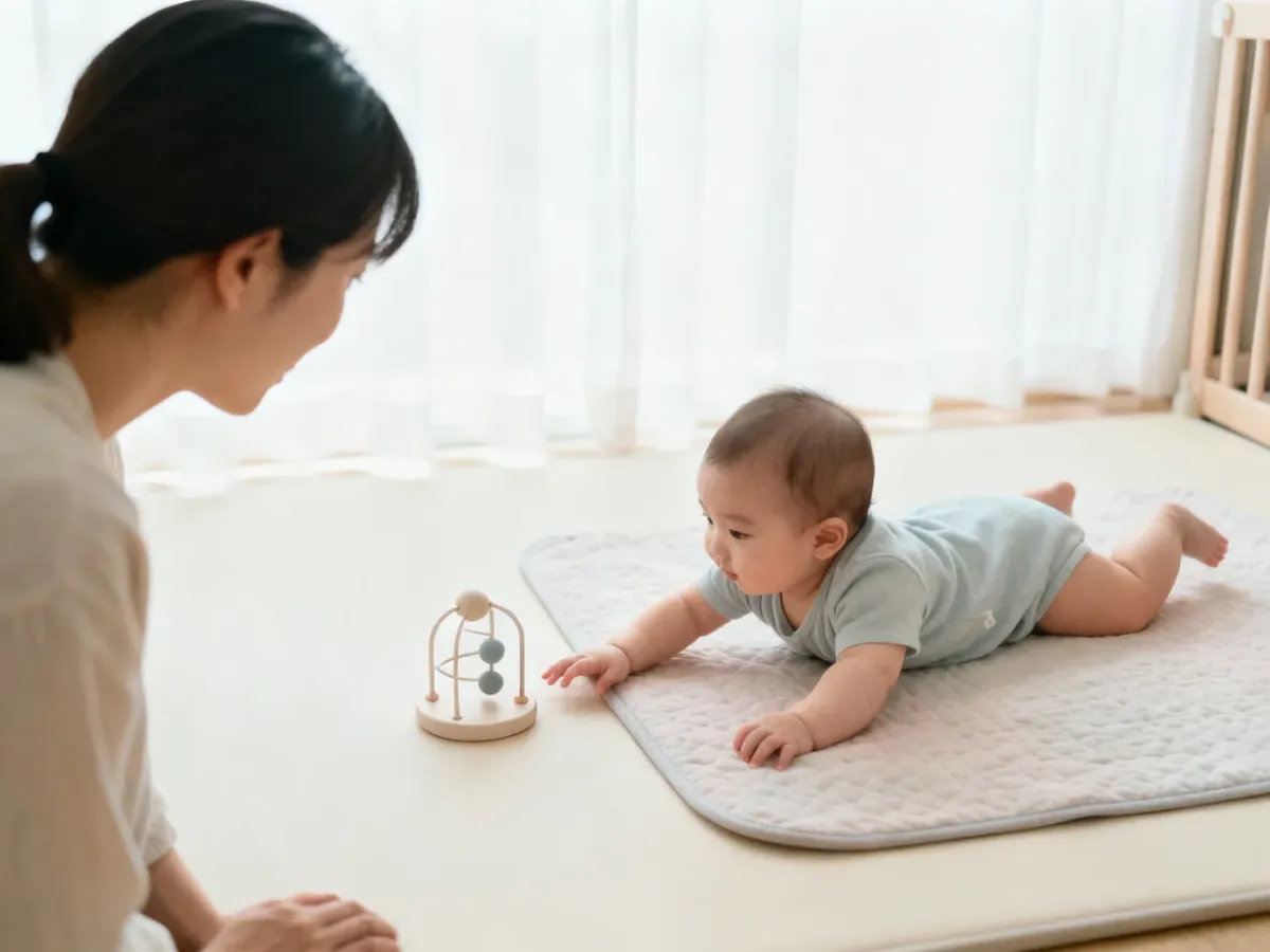 Niemowlę podczas tummy time sięgające po pojedynczą zabawkę sensoryczną