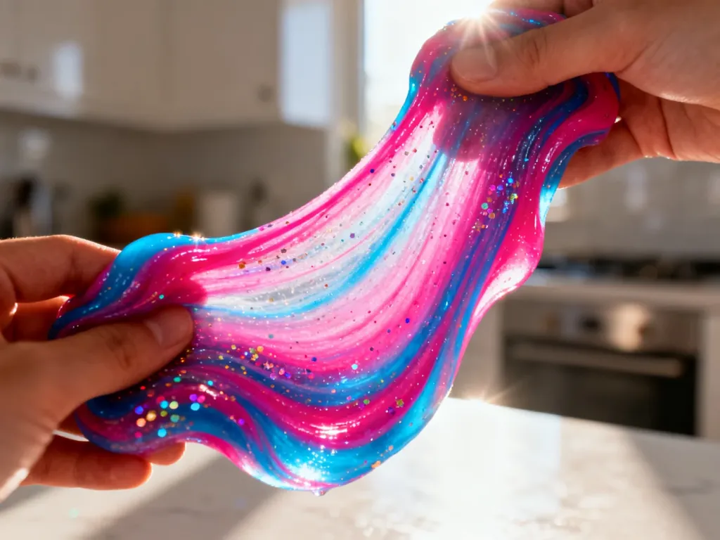 Rozciągliwy, kolorowy slime z brokatem w dłoniach, prezentujący idealną konsystencję domowego glutka.