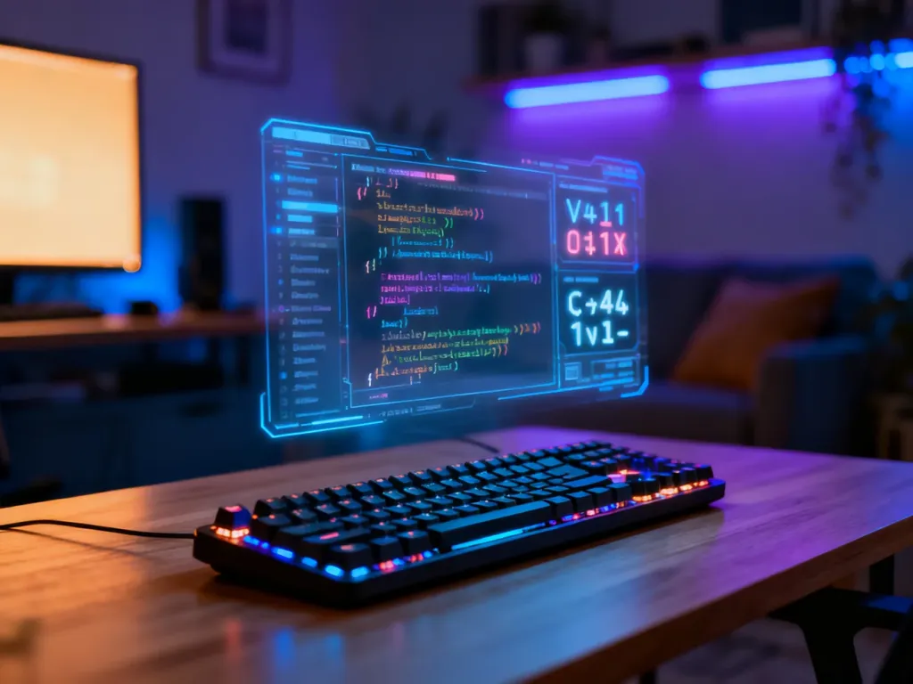 Holograficzny kod programistyczny unoszący się nad nowoczesnym biurkiem z podświetlaną klawiaturą w przytulnym gabinecie.