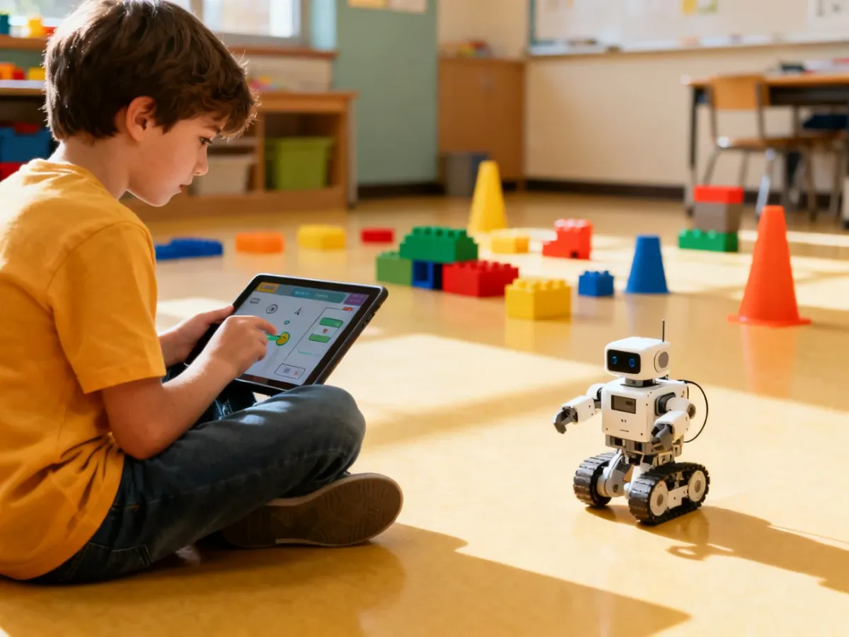 Dziecko sterujące robotem edukacyjnym za pomocą tabletu
