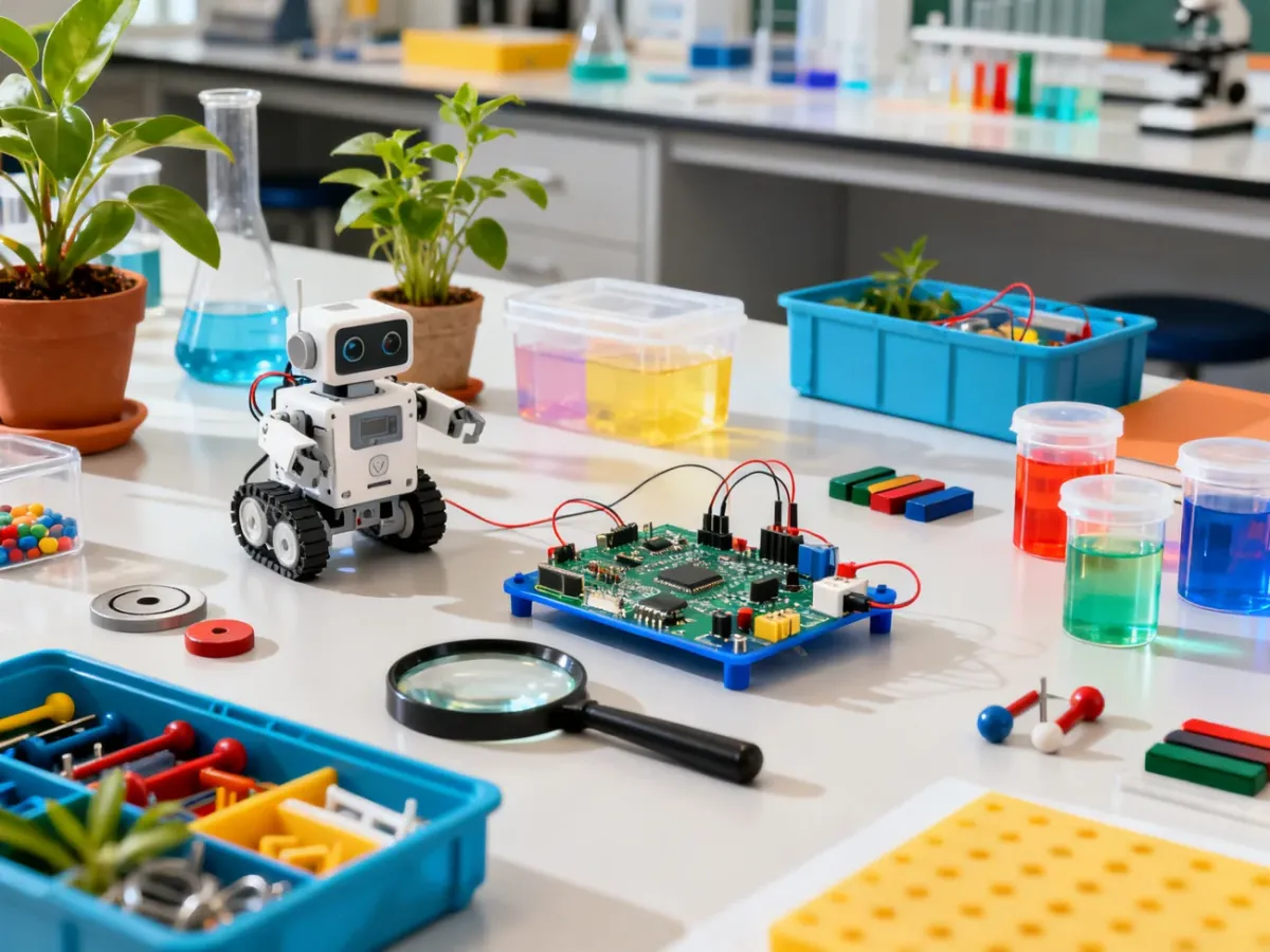 Różnorodne zestawy STEM do nauki chemii, fizyki, biologii i robotyki