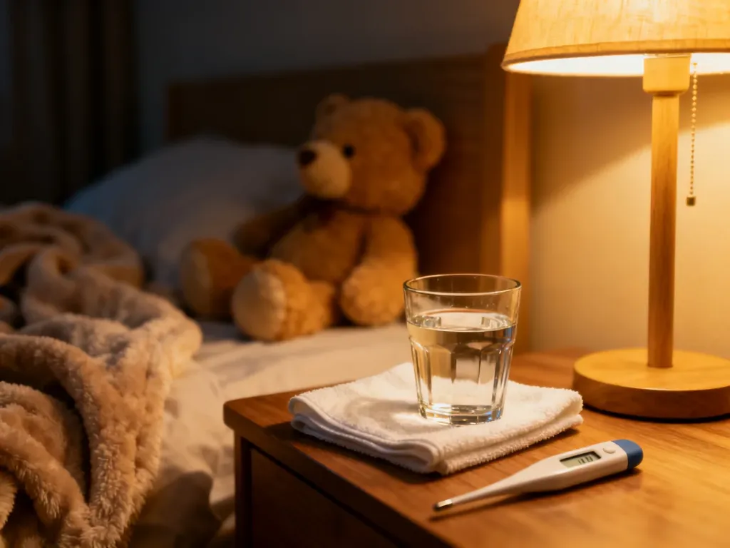 Na stoliku nocnym znajdują się termometr, szklanka wody i wilgotny kompres, przygotowane do opieki nad chorym dzieckiem.