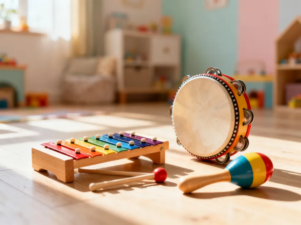 Kolorowy zestaw instrumentów dla dzieci, w tym ksylofon, tamburyn i marakasy, ułożony na drewnianej podłodze w słonecznym pokoju.