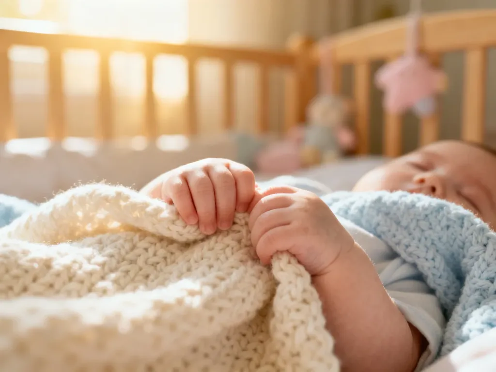 Dziecięce dłonie trzymające miękki kocyk w przytulnym, słonecznym pokoju dziecięcym.