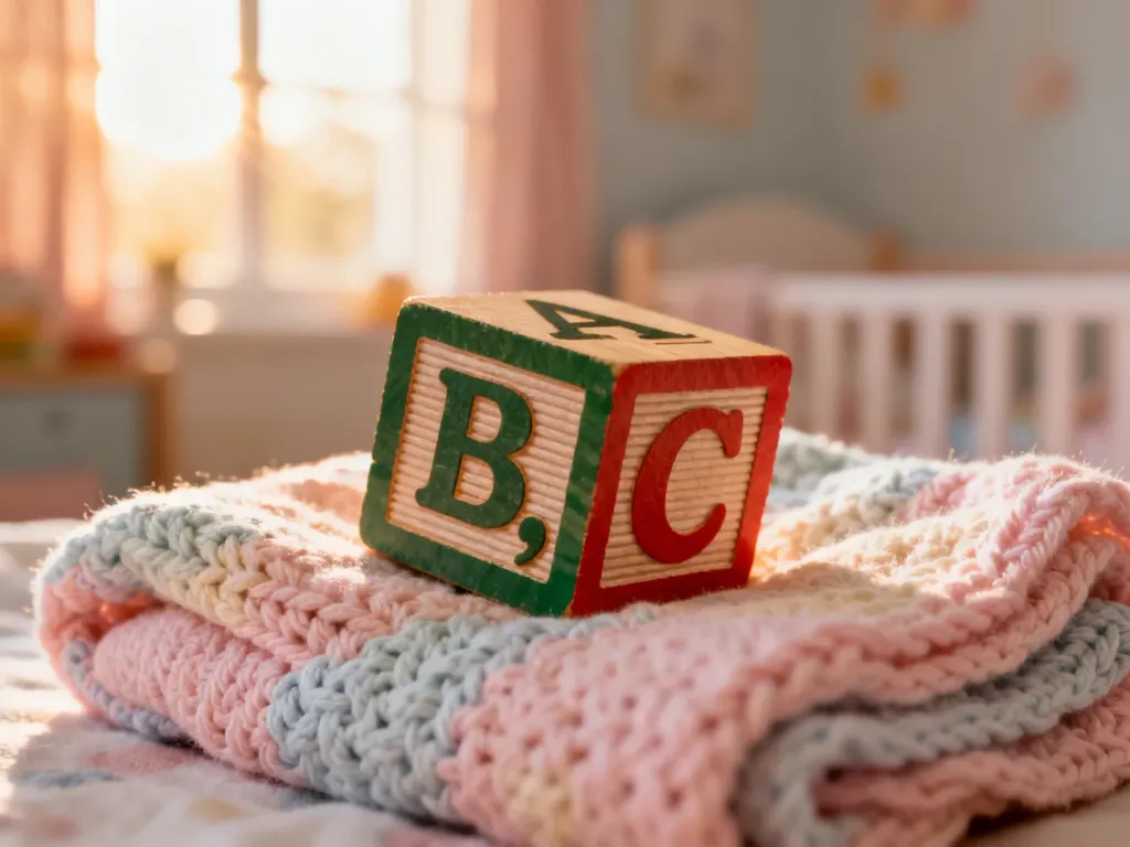 Kolorowe drewniane klocki z literami ABC na miękkim kocyku, symbolizujące naukę mówienia i rozwój dziecka.