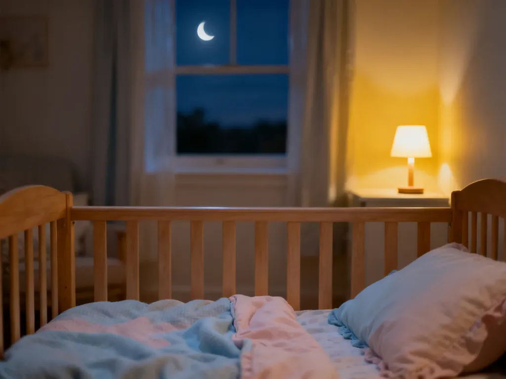 Przytulny pokój dziecięcy z łóżeczkiem w świetle nocnej lampki, tworzący spokojną atmosferę sprzyjającą zasypianiu.