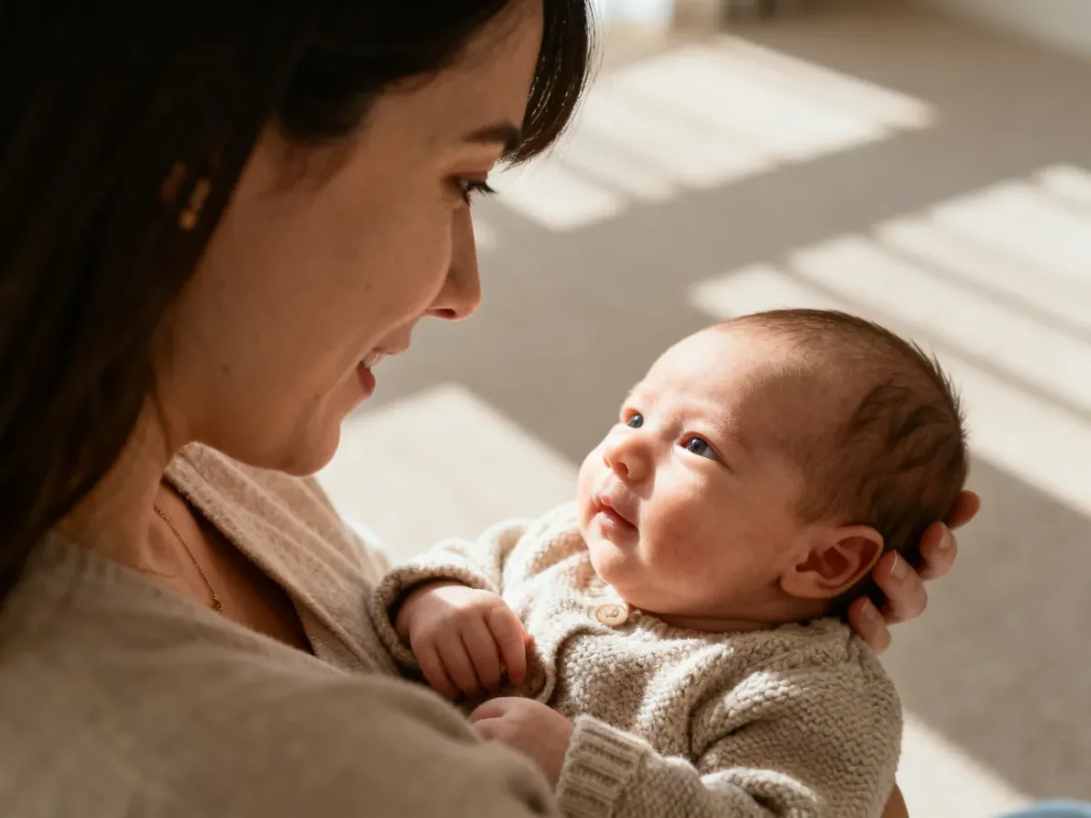 Mama czule trzyma niemowlę i patrzy na nie w spokojnej, domowej atmosferze