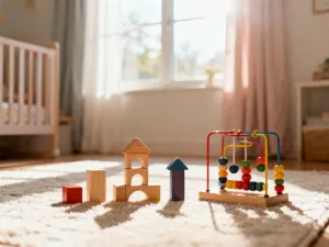 Elegancki wózek głęboki z gondolą ustawiony na słonecznym tarasie w parku, idealny dla noworodka.