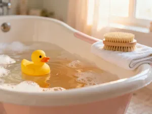 Kolorowy smoczek leżący na miękkim, dzianinowym kocyku w przytulnym pokoju dziecięcym.