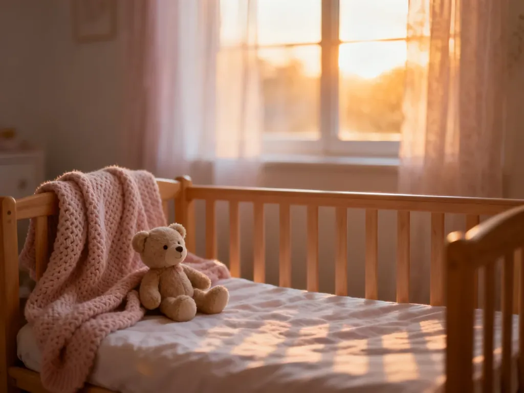 Przytulne łóżeczko dziecięce z kocykiem i pluszowym misiem w słonecznym pokoju, sprzyjające spokojnemu snu niemowlęcia.
