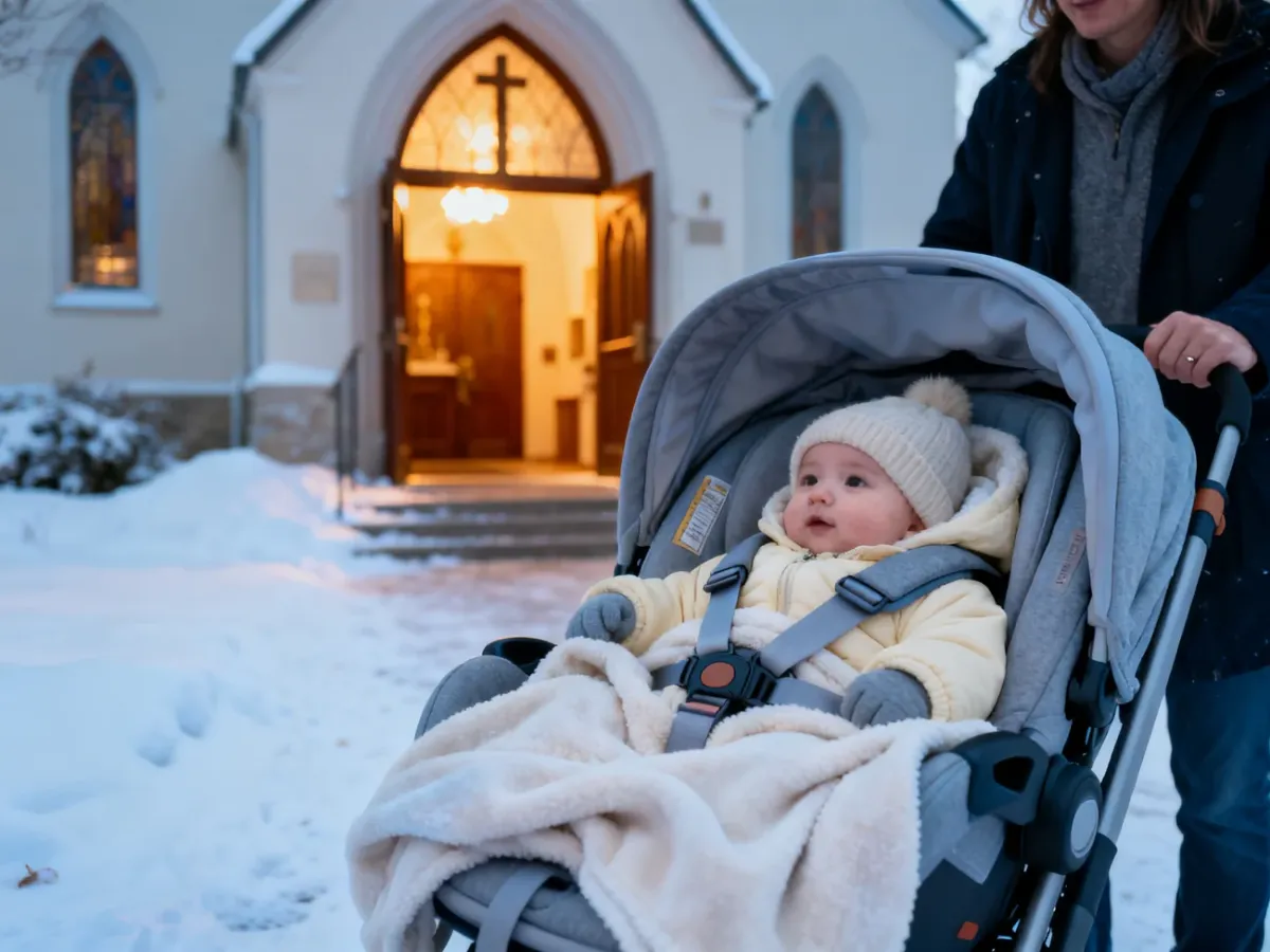 Niemowlę bezpiecznie zapięte w foteliku samochodowym przed zimowym chrztem