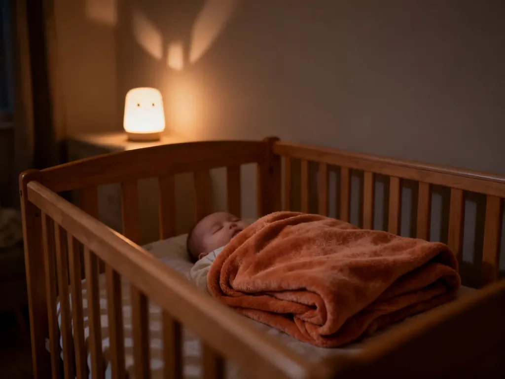 Przytulny pokój dziecięcy z drewnianym łóżeczkiem w półmroku, tworzący spokojną atmosferę sprzyjającą zasypianiu niemowlęcia.