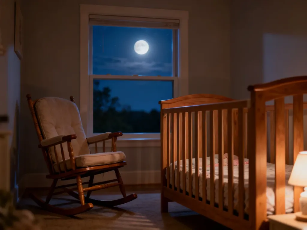 Przytulny pokój dziecięcy z kołyską i delikatnym oświetleniem, tworzący spokojną atmosferę sprzyjającą nocnemu wypoczynkowi.