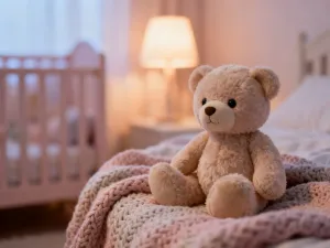 Miękka wełniana czapka z pomponem na drewnianym stole, podkreślająca przytulny charakter dziecięcego nakrycia głowy.