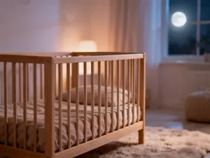 Niemowlę delikatnie pocierające dłońmi oczy i nos w przytulnym, nasłonecznionym pokoju.