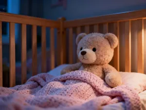 Przytulne wnętrze dziecięcego łóżeczka z miękkim kocykiem i zabawką, przygotowane dla niemowlęcia w słonecznym pokoju.