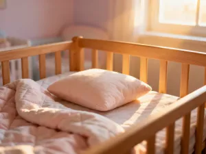 Czarno-biała karuzela sensoryczna nad drewnianym łóżeczkiem, stymulująca rozwój wzroku niemowlęcia.