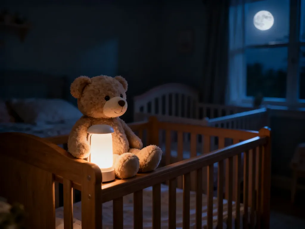 Przytulny pokój dziecięcy w nocy z pluszowym misiem przy łóżeczku, oświetlony ciepłym światłem lampki nocnej.