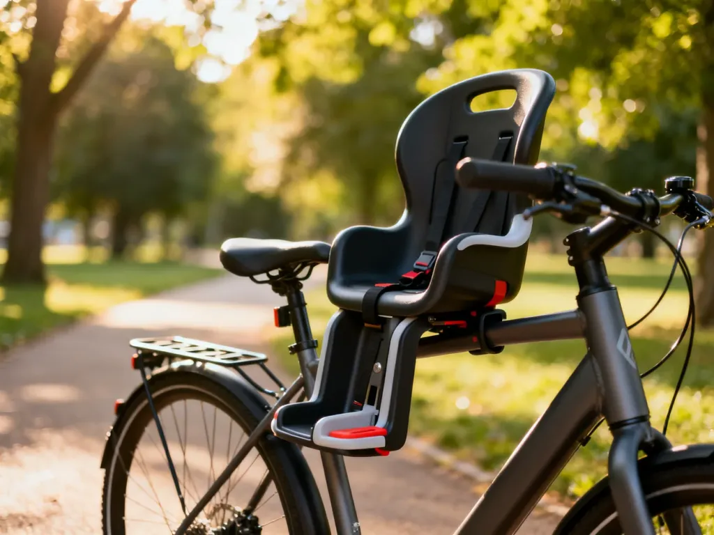 Profesjonalny fotelik rowerowy zamontowany na miejskim rowerze w słonecznym parku.