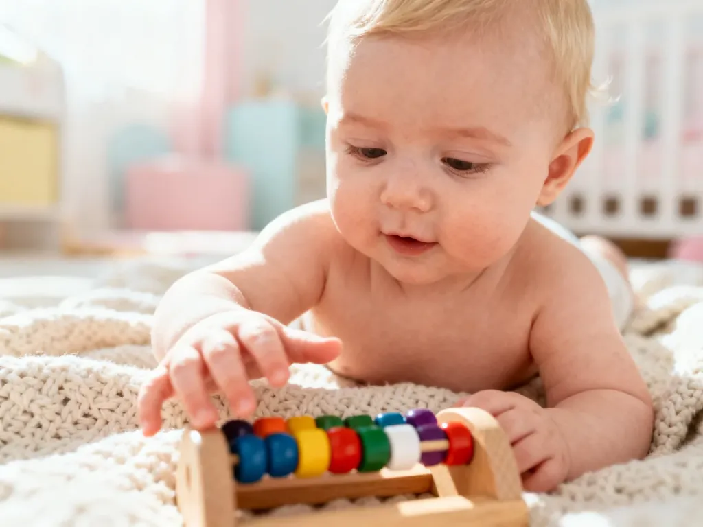 Niemowlę leżące na kocyku, sięgające rączkami po kolorową zabawkę edukacyjną, co wspiera jego rozwój poznawczy.