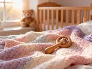 Przytulny pokój dziecięcy z zabawkami na miękkim dywanie, przygotowany do nauki raczkowania w świetle poranka.