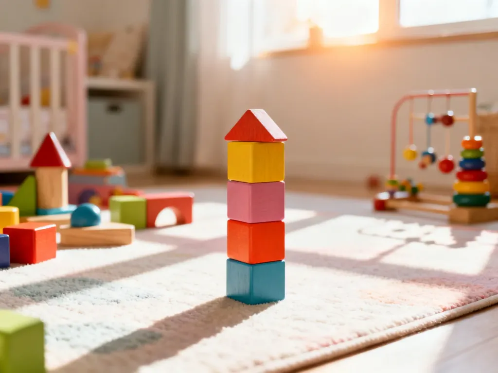 Kolorowe drewniane klocki i zabawki edukacyjne na dywanie w przytulnym pokoju dziecięcym, wspierające rozwój malucha.