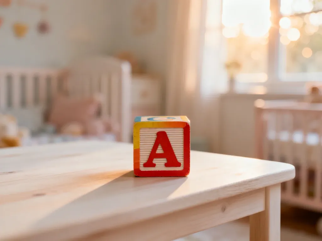 Kolorowy drewniany klocek z literą „A” na jasnym stole w przytulnym pokoju dziecięcym.