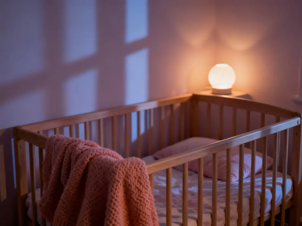 Przytulne, zaciemnione miejsce do spania dla niemowlęcia z miękkim łóżeczkiem i delikatnym światłem nocnej lampki.