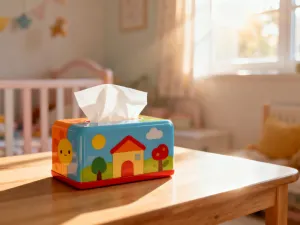 Niemowlę delikatnie pocierające dłońmi oczy i nos w przytulnym, nasłonecznionym pokoju.
