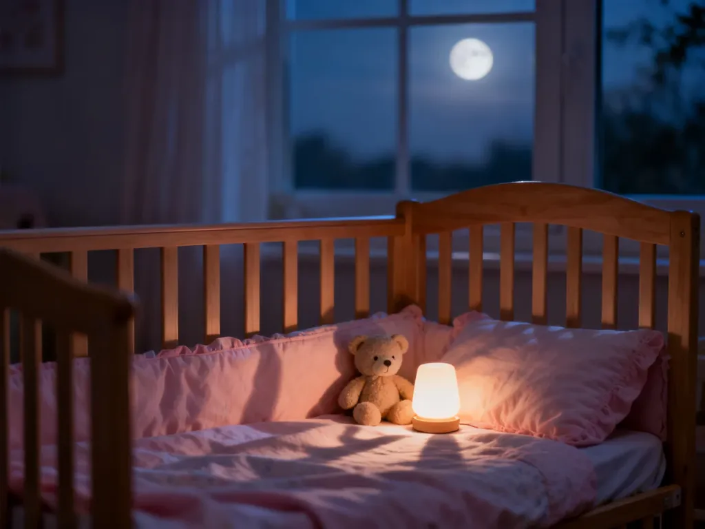Przytulny pokój dziecięcy z drewnianym łóżeczkiem i delikatnym oświetleniem nocnym, tworzący spokojną atmosferę do snu.