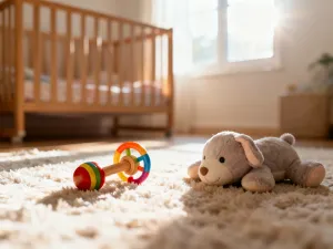 Termometr kliniczny leżący na kocyku obok zabawki, symbolizujący diagnostykę grypy u dziecka w domowym zaciszu.