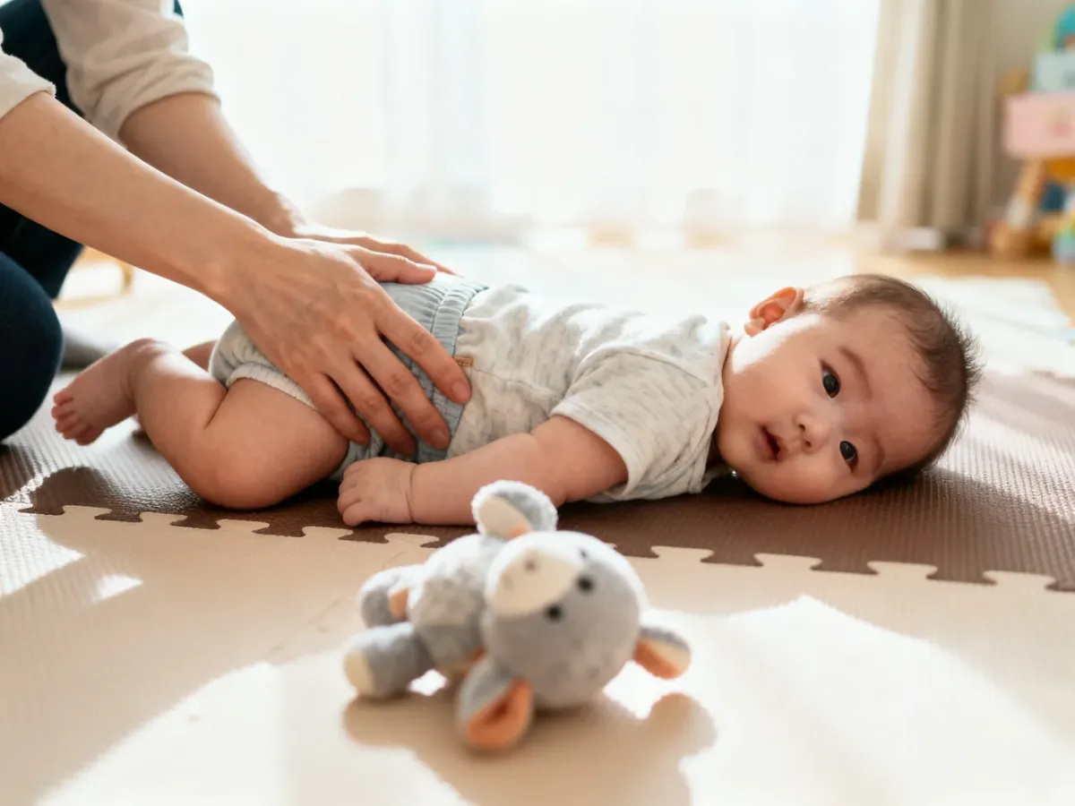 Niemowlę bezpiecznie bawiące się na boku na stabilnej macie pod nadzorem opiekuna