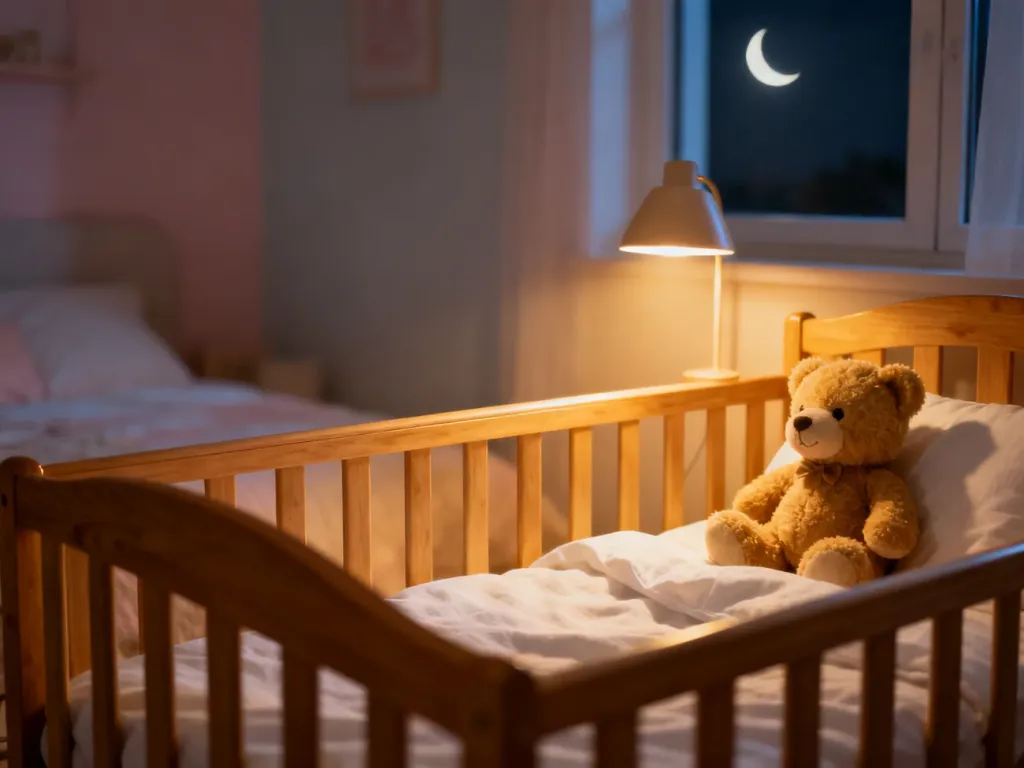 Przytulne dziecięce łóżeczko w sypialni oświetlonej ciepłym światłem lampki nocnej, sprzyjające spokojnemu snu malucha.