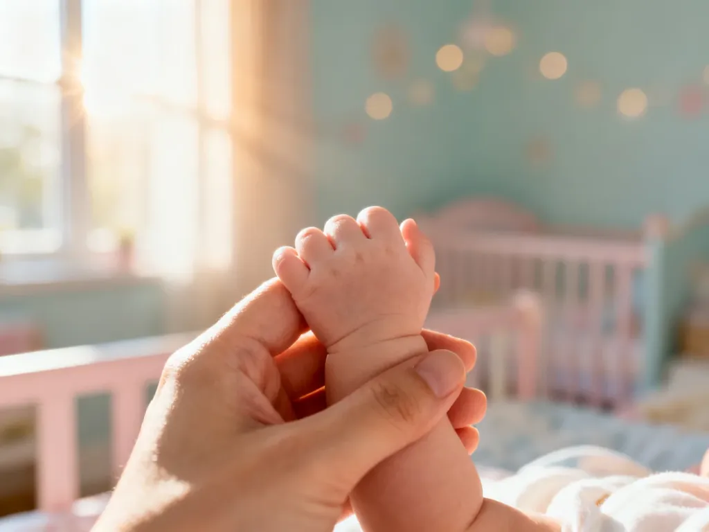 Delikatna dłoń noworodka trzymana przez rodzica, podkreślająca potrzebę czułej pielęgnacji wrażliwej skóry dziecka.
