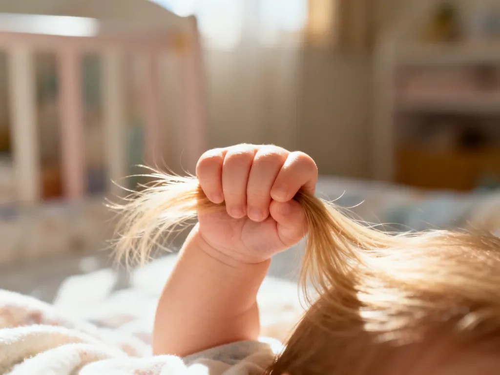 Niemowlę delikatnie trzymające pasmo własnych włosów w dłoni w przytulnym, słonecznym pokoju.