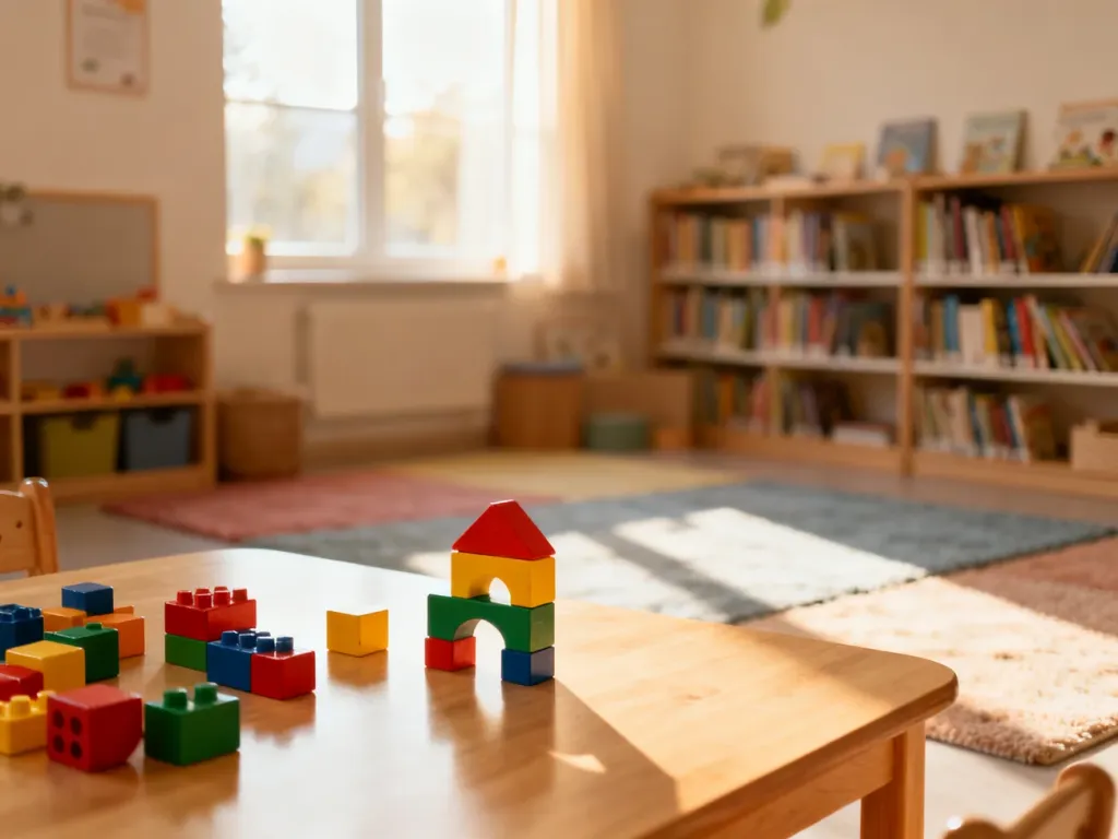 Przytulna sala przedszkolna z klockami na stole, tworząca bezpieczną przestrzeń do zabawy i nauki dla dzieci.