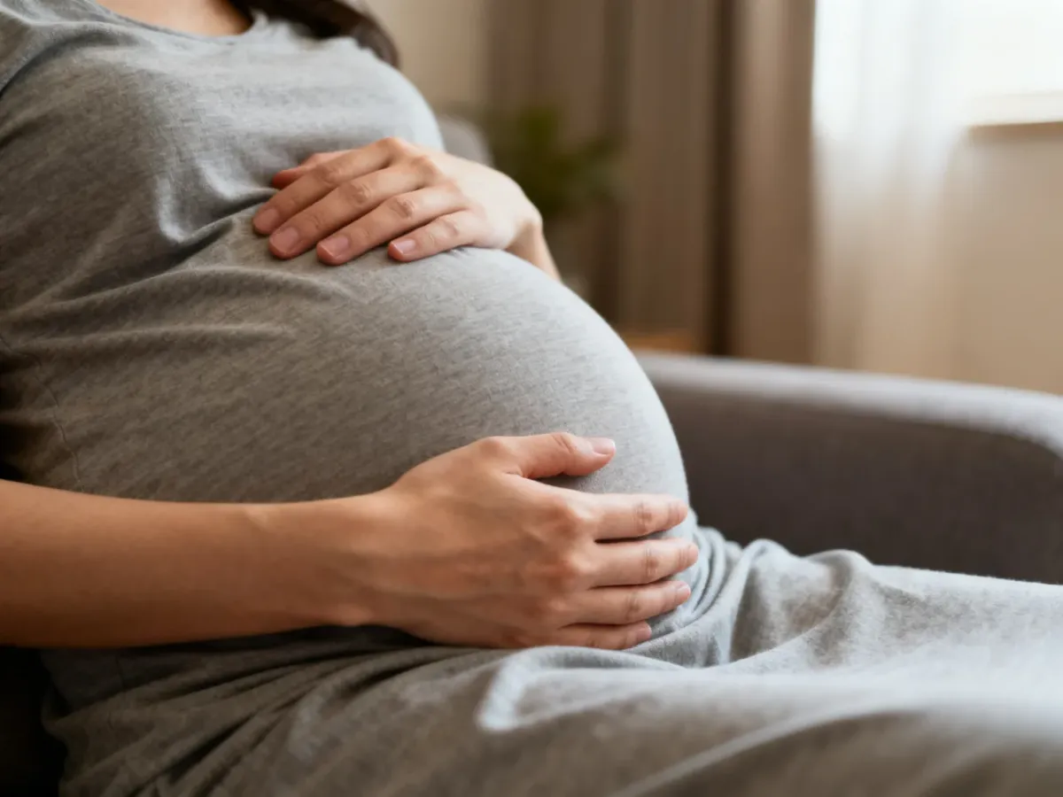 Kobieta w ciąży spokojnie wyczuwa delikatne ruchy dziecka, trzymając dłonie na brzuchu