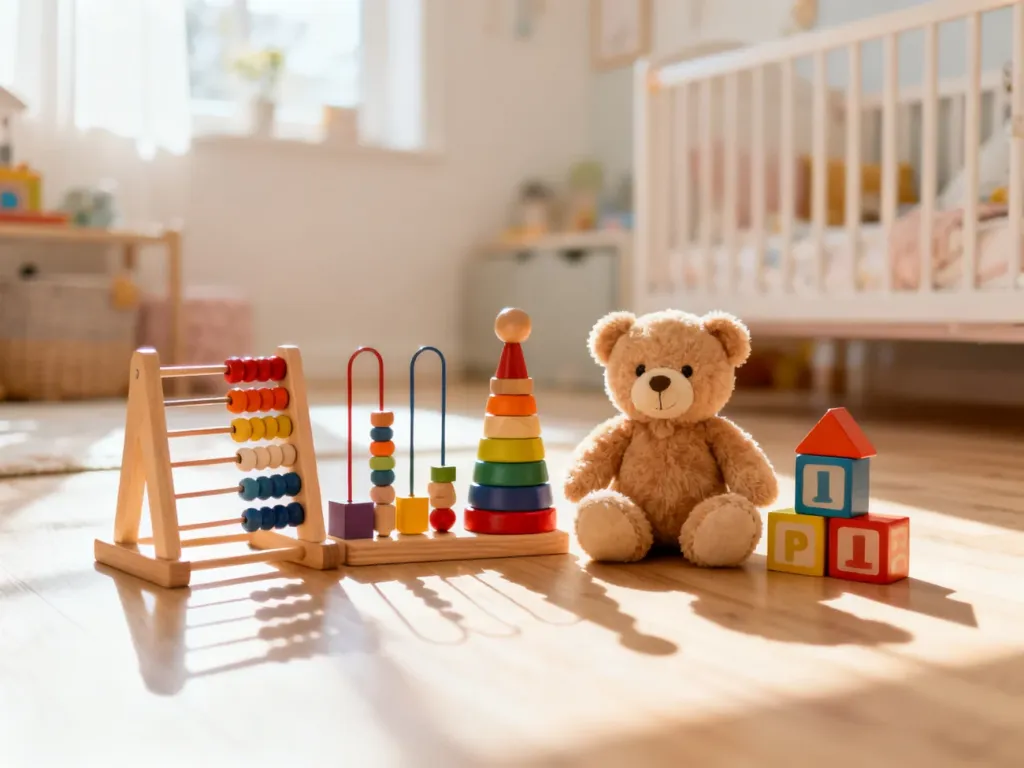 Zestaw drewnianych zabawek edukacyjnych, klocków i pluszowego misia na podłodze w przytulnym pokoju dziecięcym.
