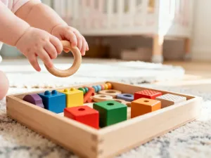 Kolorowa zabawka edukacyjna na podłodze w przytulnym pokoju dziecięcym, sprzyjająca rozwojowi niemowlęcia.