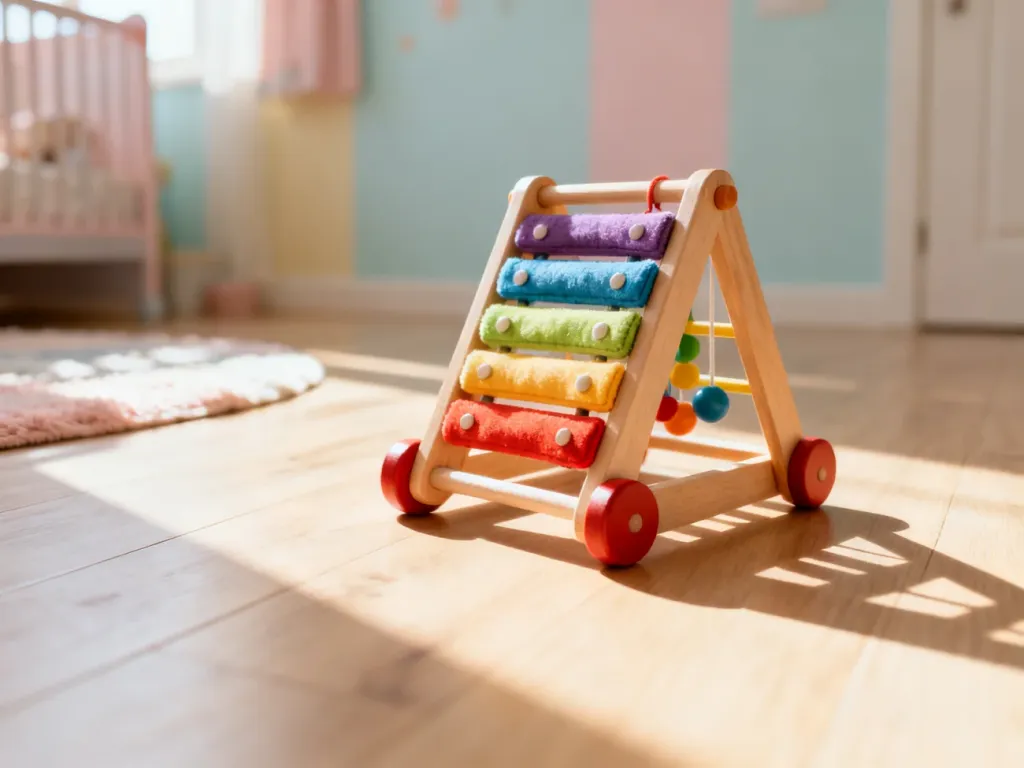 Kolorowa drewniana zabawka edukacyjna na podłodze w przytulnym pokoju dziecięcym, wspierająca rozwój niemowlęcia.
