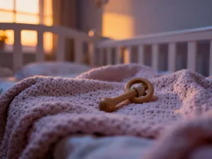 Ciepły okład i filiżanka herbaty na stoliku nocnym, tworzące kojącą atmosferę sprzyjającą łagodzeniu bólu ucha u dziecka.
