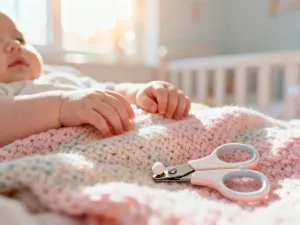Dłoń niemowlęcia delikatnie trzymająca palec rodzica, symbolizująca bliskość i budowanie więzi w pierwszych miesiącach życia.